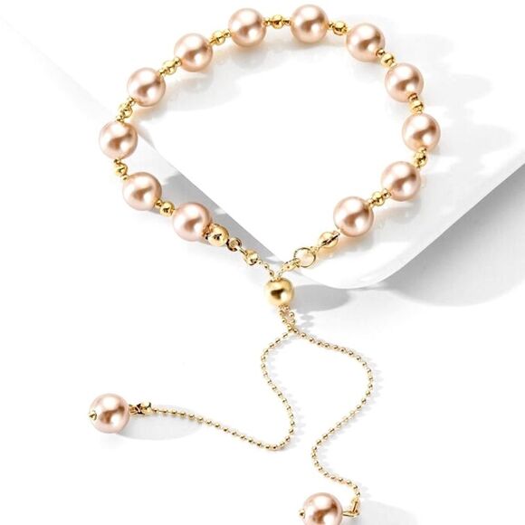 SALE Gold Chain Champagne Rose Beaded Bracelet - Picture 2 of 5